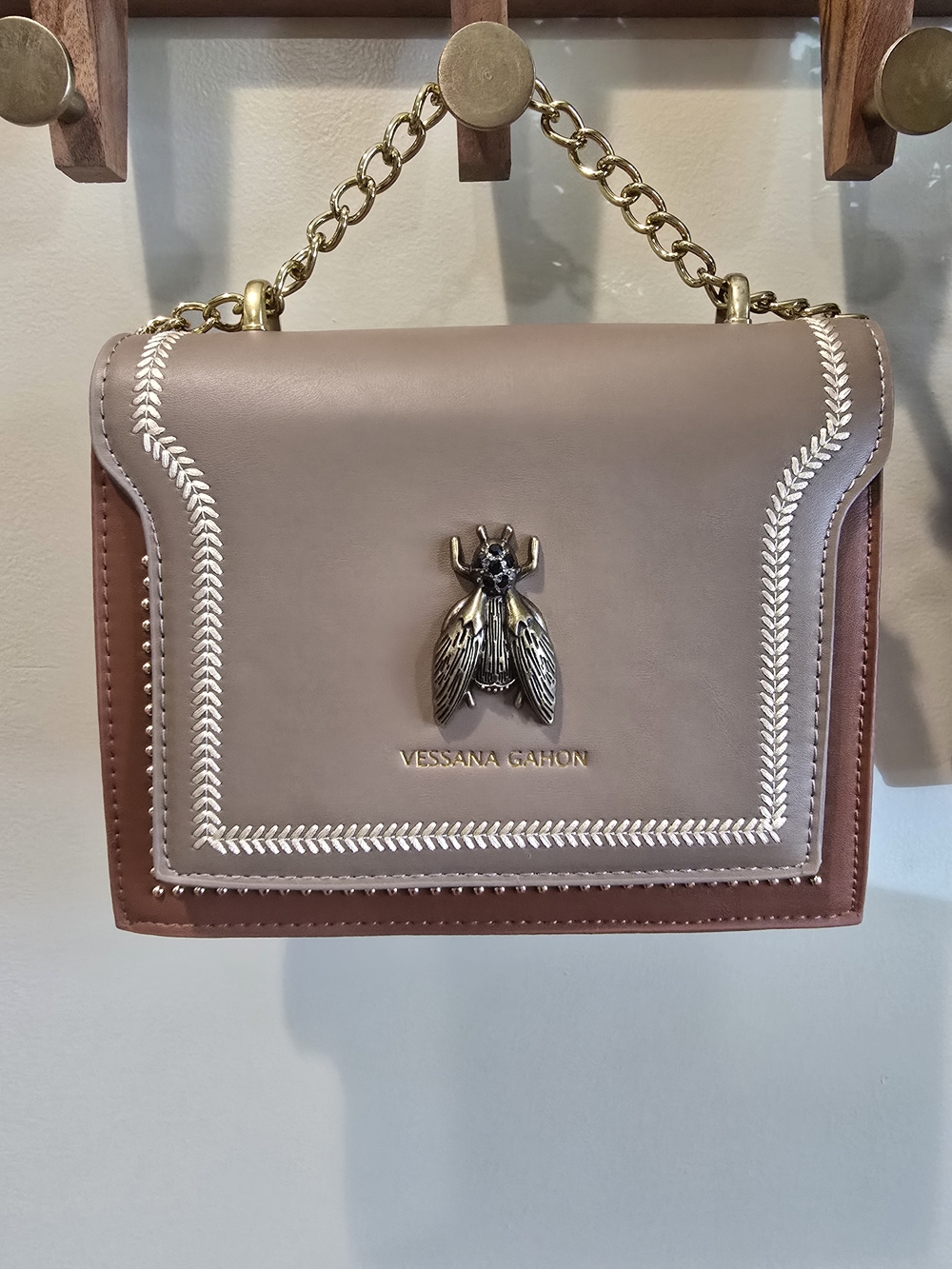 Taupe & Brown Vegan Leather Chain-Handle Shoulder Bag